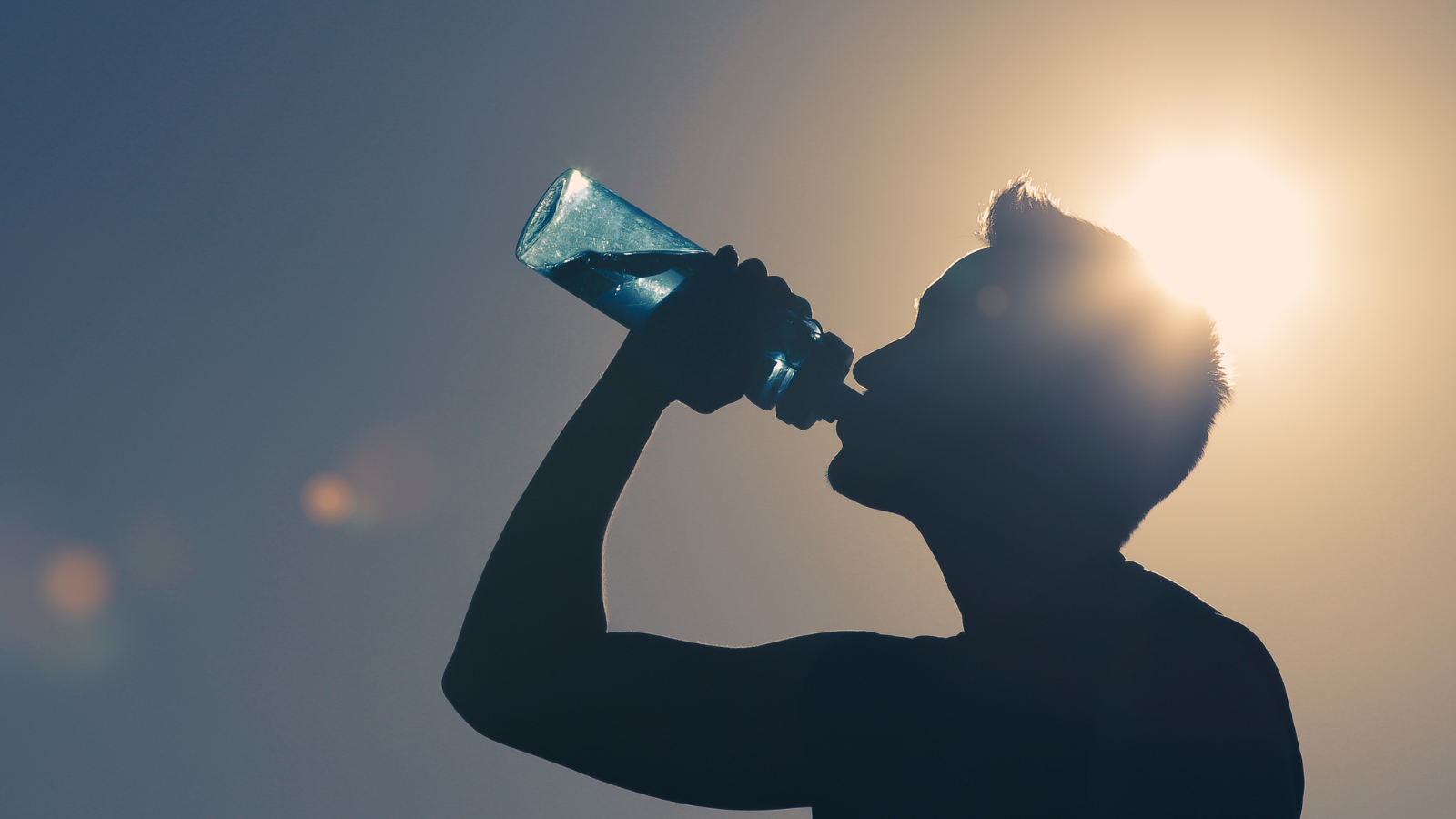 A silhouette of a person drinking a bottle of water.  