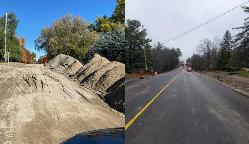 A before and after side-by-side image of the rehabilitated road in King Township.