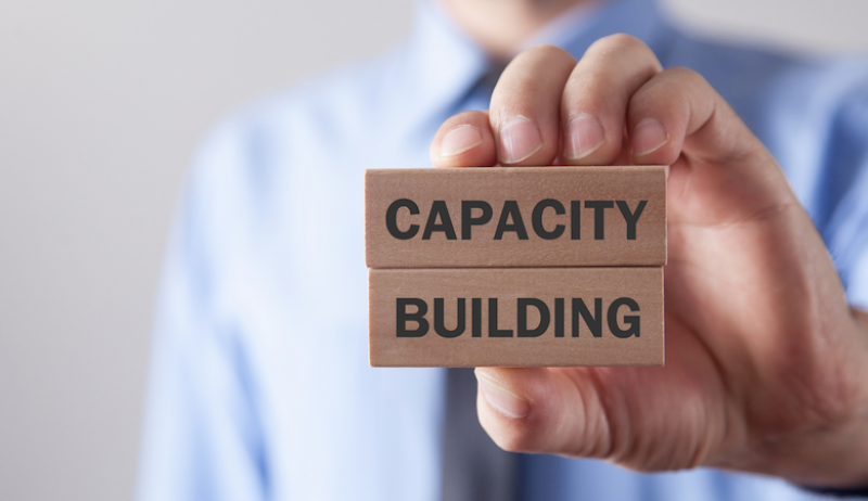 A hand holding blocks that read "capacity building".